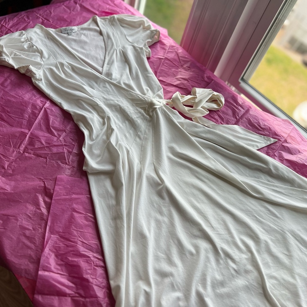 EUC VTG 90s BEBE S white wrap Marilyn Monroe satin cotton stretch sunshine seams